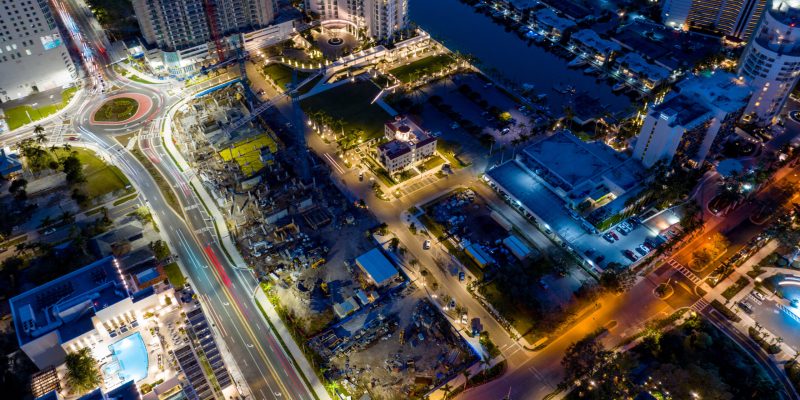 Night aerial photo construction site Downtown Sarasota FL USA